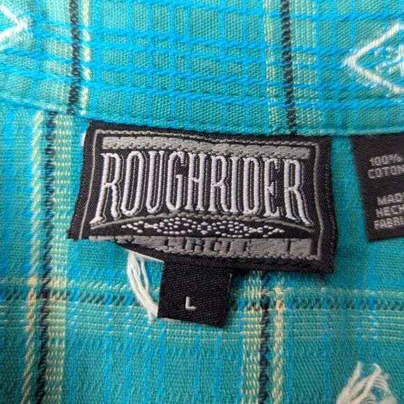 VTG Roughrider Teal Diamond Rodeo Cowboy Countryside Western Desert Button Up L - Picture 7 of 9